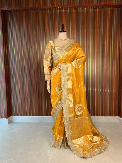 Yellow Banarasi Tissue Silk Saree with Hand-Embroidered Chand Dummy view