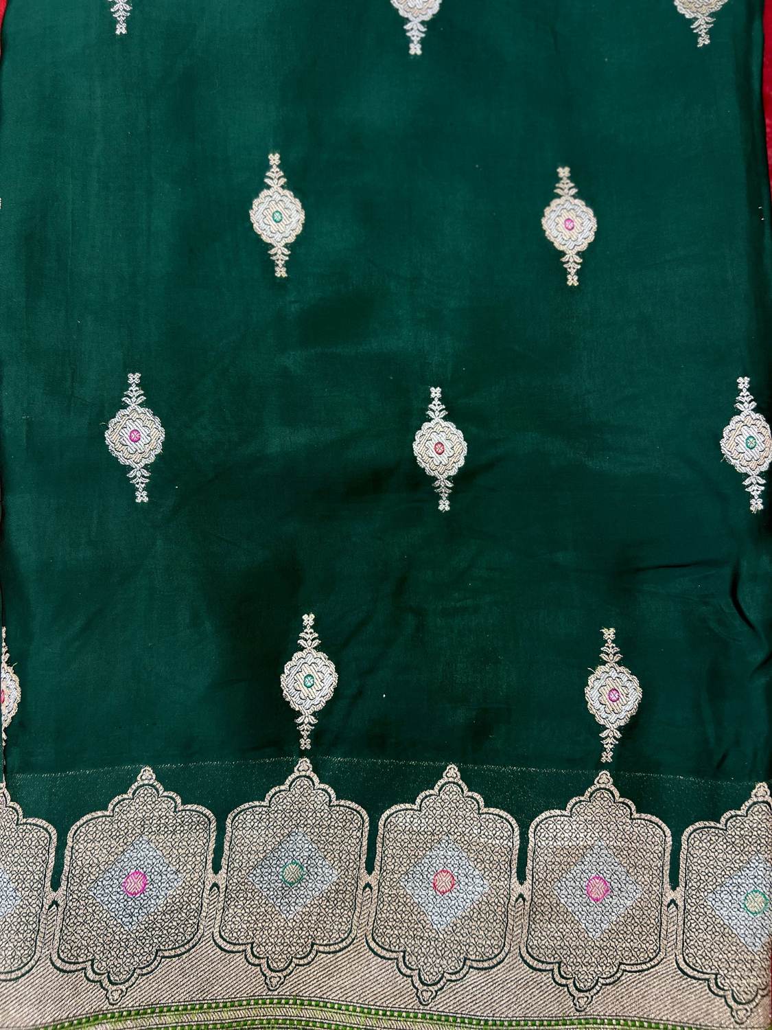 Dark Green Tissue Silk Saree Mashru with Animal and Floral Jaal Closeup View 02