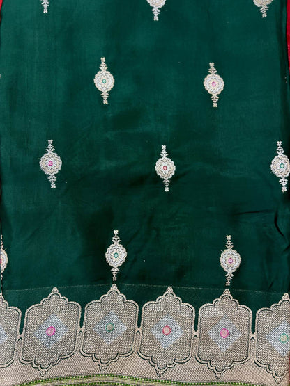 Dark Green Tissue Silk Saree Mashru with Animal and Floral Jaal Closeup View 02