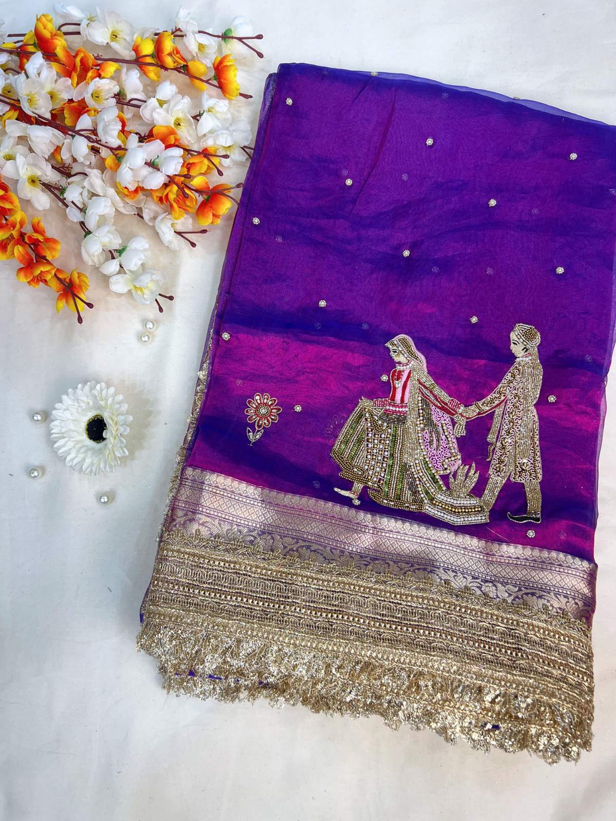 Manatavya Banaras purple Banarasi tissue silk wedding saree with Saat Phere embroidery