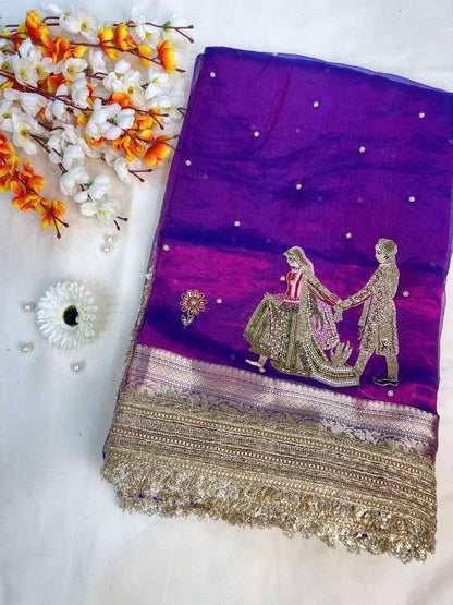 Manatavya Banaras purple Banarasi tissue silk wedding saree with Saat Phere embroidery