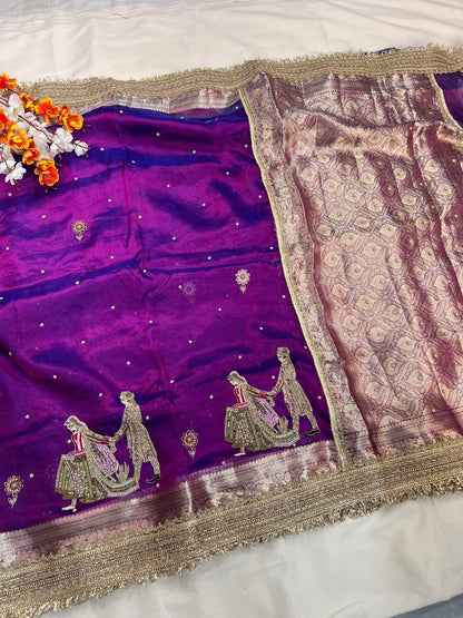 Manatavya Banaras purple Banarasi tissue silk wedding saree with Saat Phere embroidery