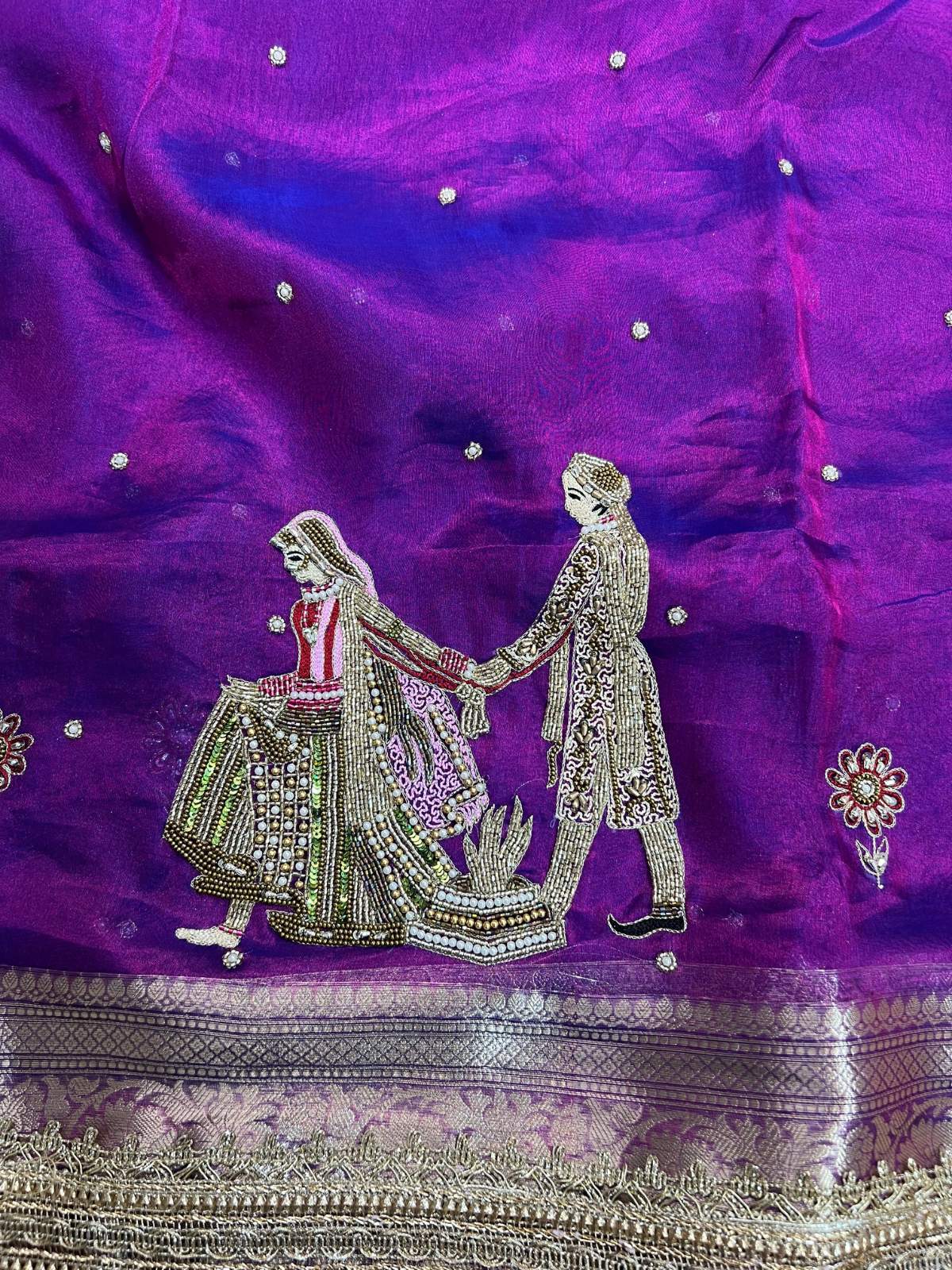 Manatavya Banaras purple Banarasi tissue silk wedding saree with Saat Phere embroidery