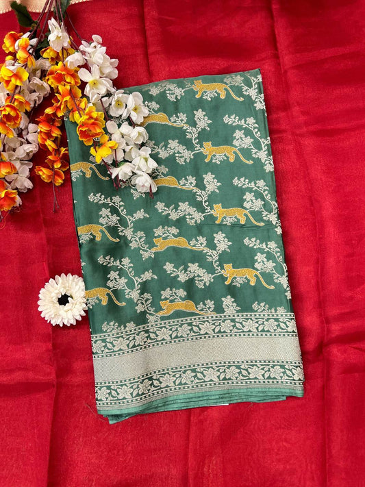 Dark Green Tissue Silk Saree Mashru with Animal and Floral Jaal Front view 01