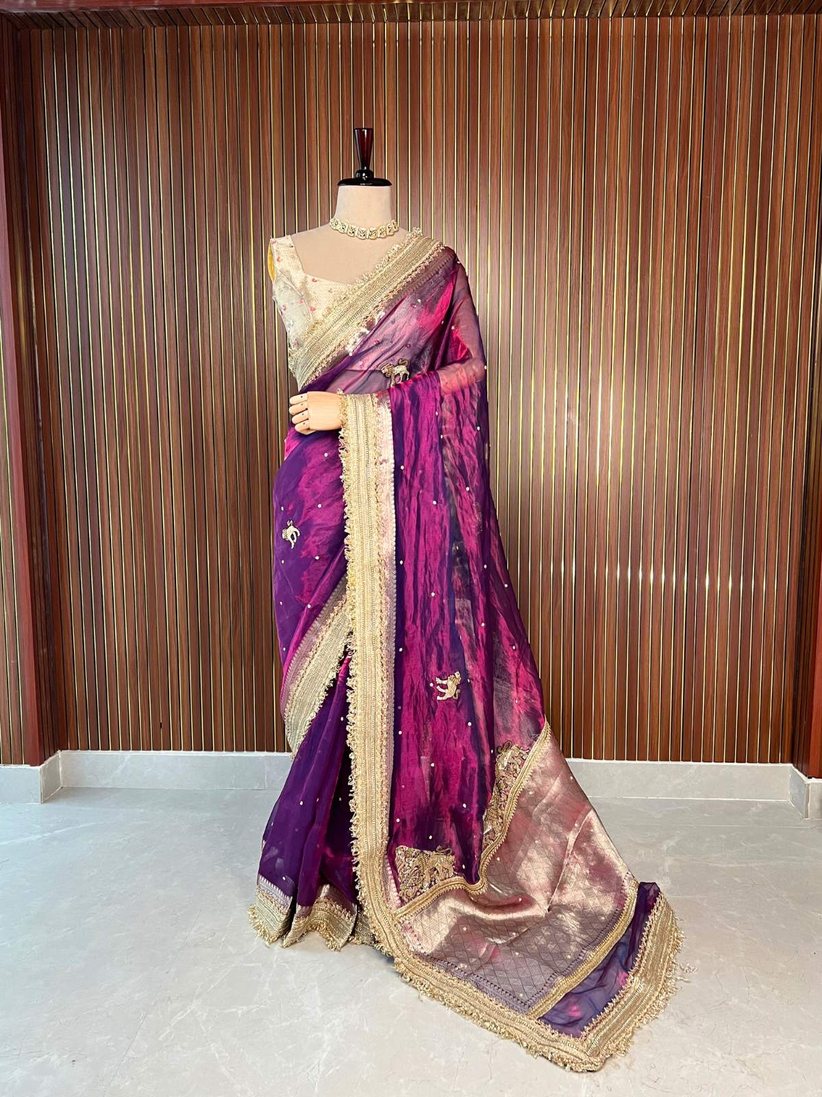Purple  Pure Banarasi Tissue Silk Saree Dhoop-Chav Sherbagh with Hand Embroidered Sher dummy view 02