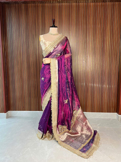 Purple  Pure Banarasi Tissue Silk Saree Dhoop-Chav Sherbagh with Hand Embroidered Sher dummy view 02