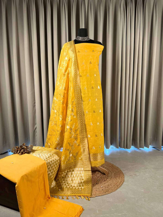 Yellow cotton silk suit with zari full view