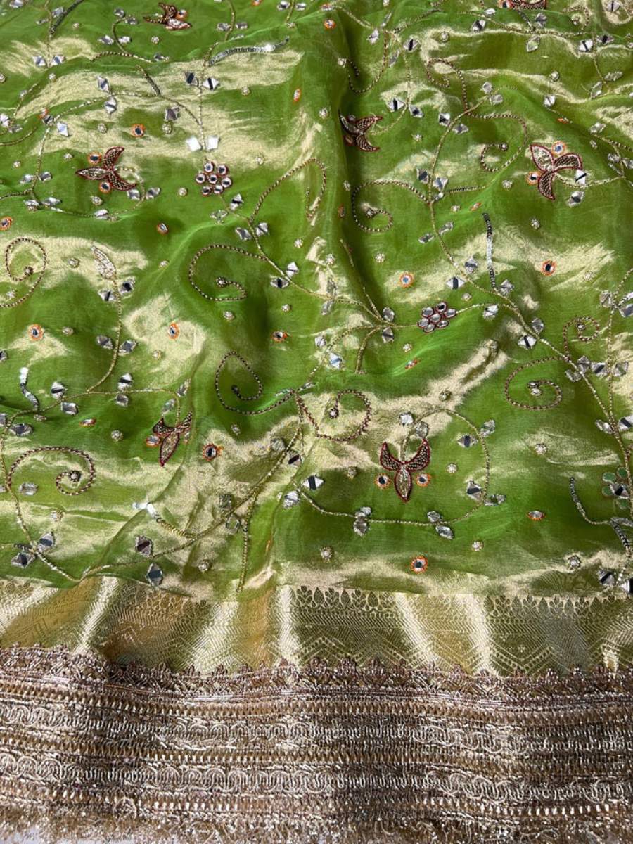 Green Banarasi Tissue Silk Saree closeup view