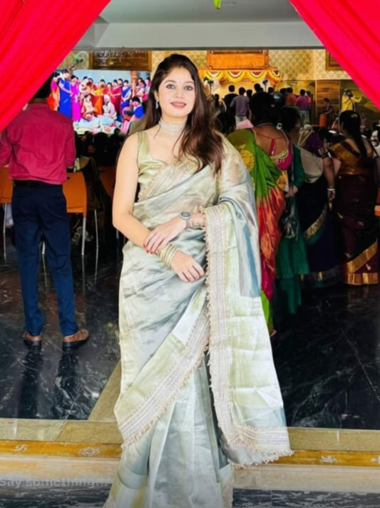 Handwoven Powder Blue Pure Tissue Silk Saree with Gota Patti