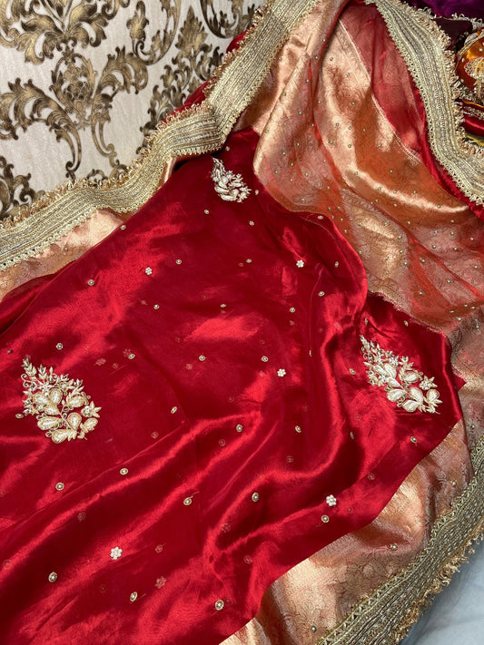 Hand Embroidered Red Banarasi Tissue Silk Saree with flower buta, gota patti border, brocade aachal, and unstitched brocade blouse piece