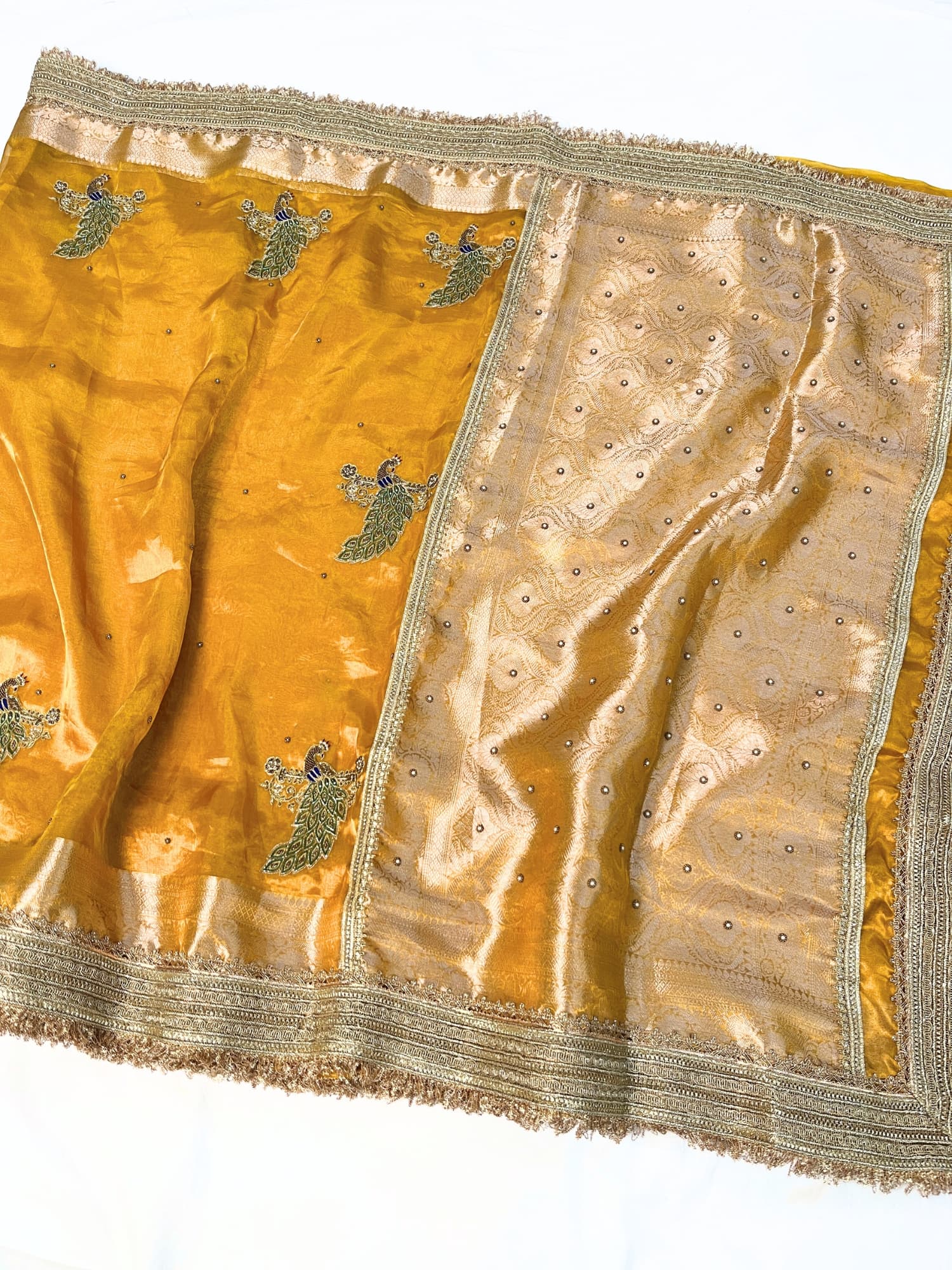 Hand Embroidered Mustard Yellow Tissue Silk Saree with Peacock Motifs and Scattered Buti, Paired with Unstitched Brocade Blouse – Traditional Indian Ethnic Wear