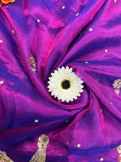 Manatavya Banaras purple Banarasi tissue silk wedding saree with Saat Phere embroidery