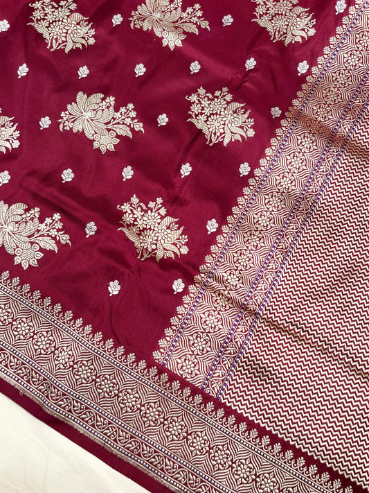 Wine Katan Silk Saree with elegant floral zari butas closeup view 01