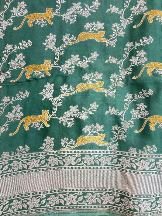 Dark Green Tissue Silk Saree Mashru with Animal and Floral Jaal Closeup View 01