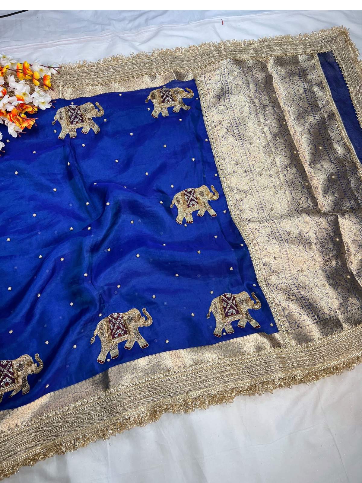 Manatavya Banaras royal blue GAJ pure Banarasi hand-embroidered saree with intricate zari work, traditional motifs and elegant festive elegance