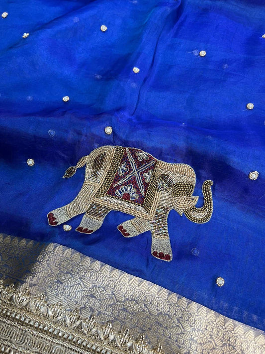 Royal Blue Tissue Silk Saree Gaj  With Hand Embroidered Elephant Closeup View