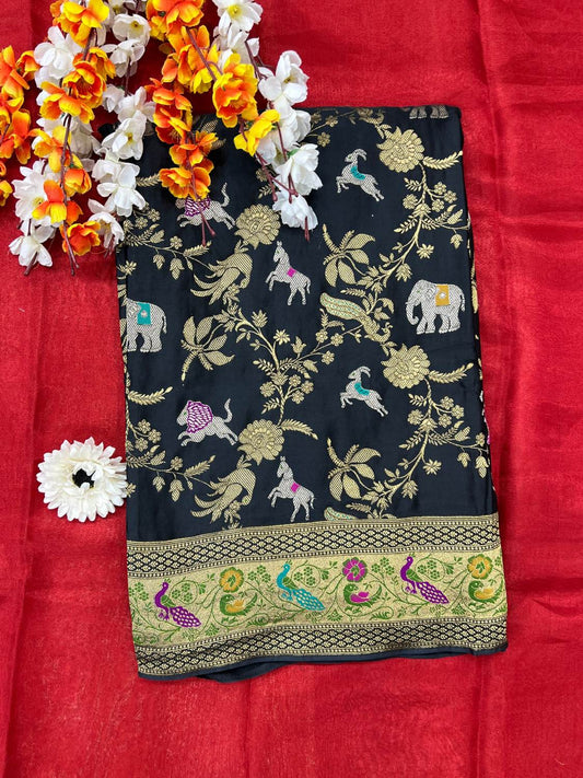 Black Tissue Silk Saree Mashru with Animal and Floral Jaal Front view