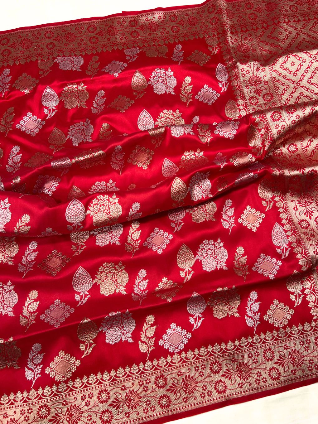 Royal Red Katan Silk Saree full view