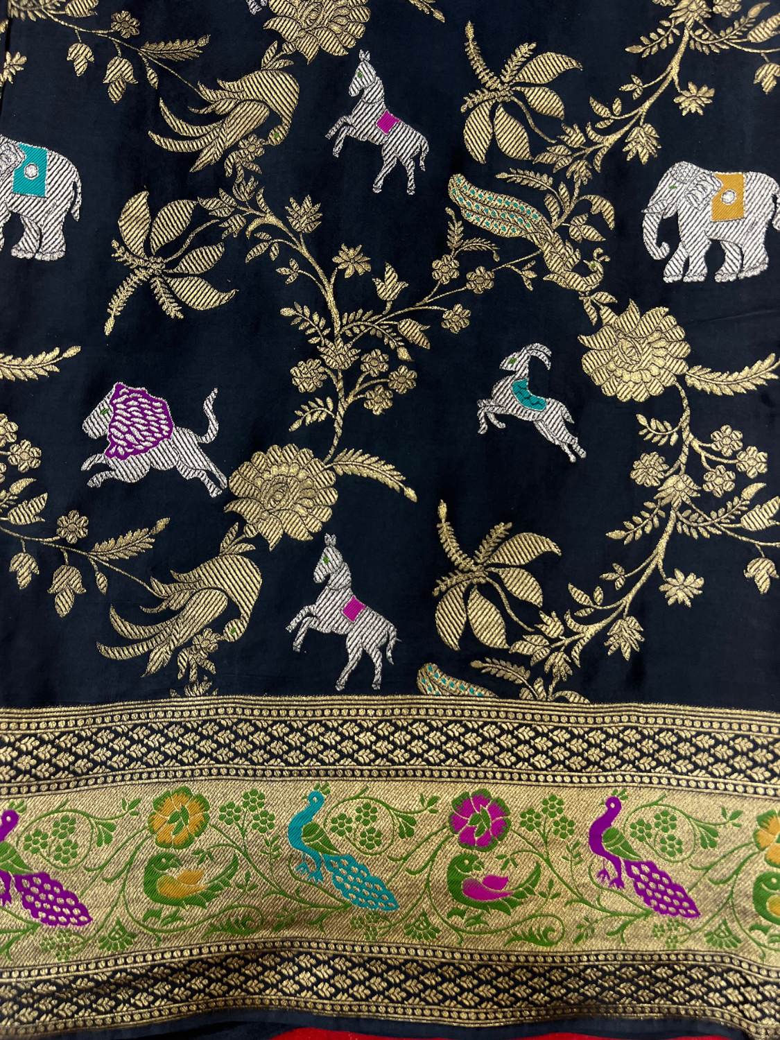 Black Tissue Silk Saree Mashru with Animal and Floral Jaal  Closeup view