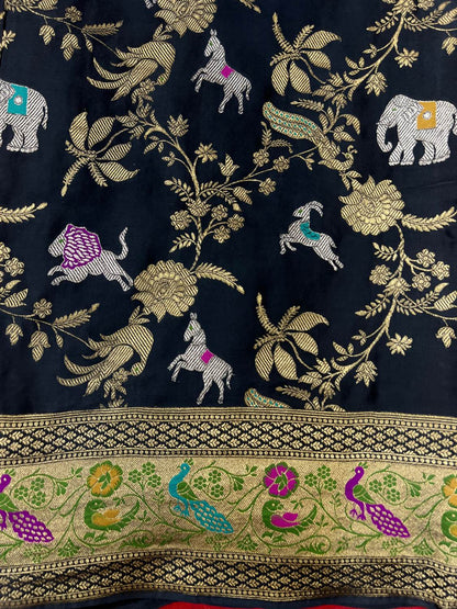 Black Tissue Silk Saree Mashru with Animal and Floral Jaal  Closeup view