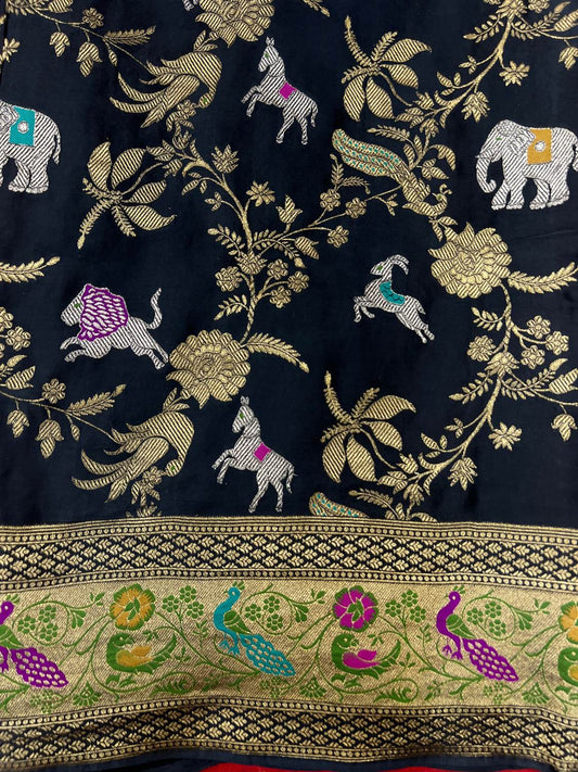Black Tissue Silk Saree Mashru with Animal and Floral Jaal  Closeup view
