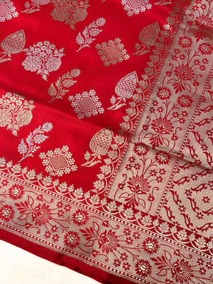 Red Katan Silk Saree With gold zari floral and buta closeup view