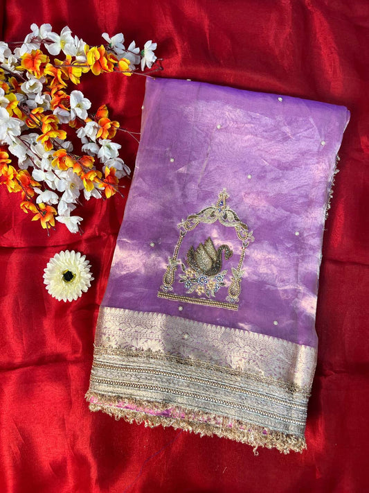 Lavender Tissue Silk Saree Shahi Hans with Swan Front View