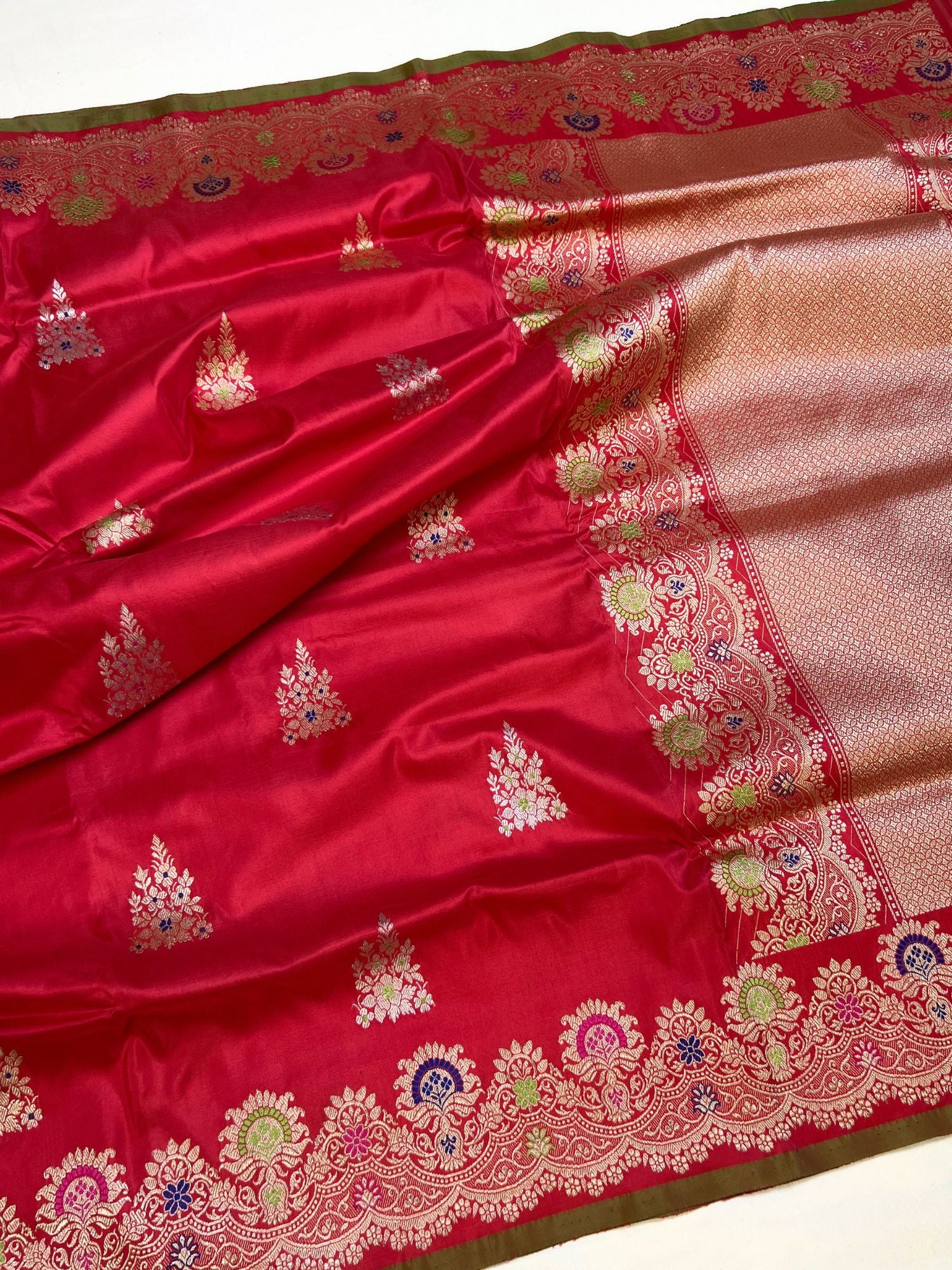 Rani Pink Katan Silk with delicate floral zari butis Full View
