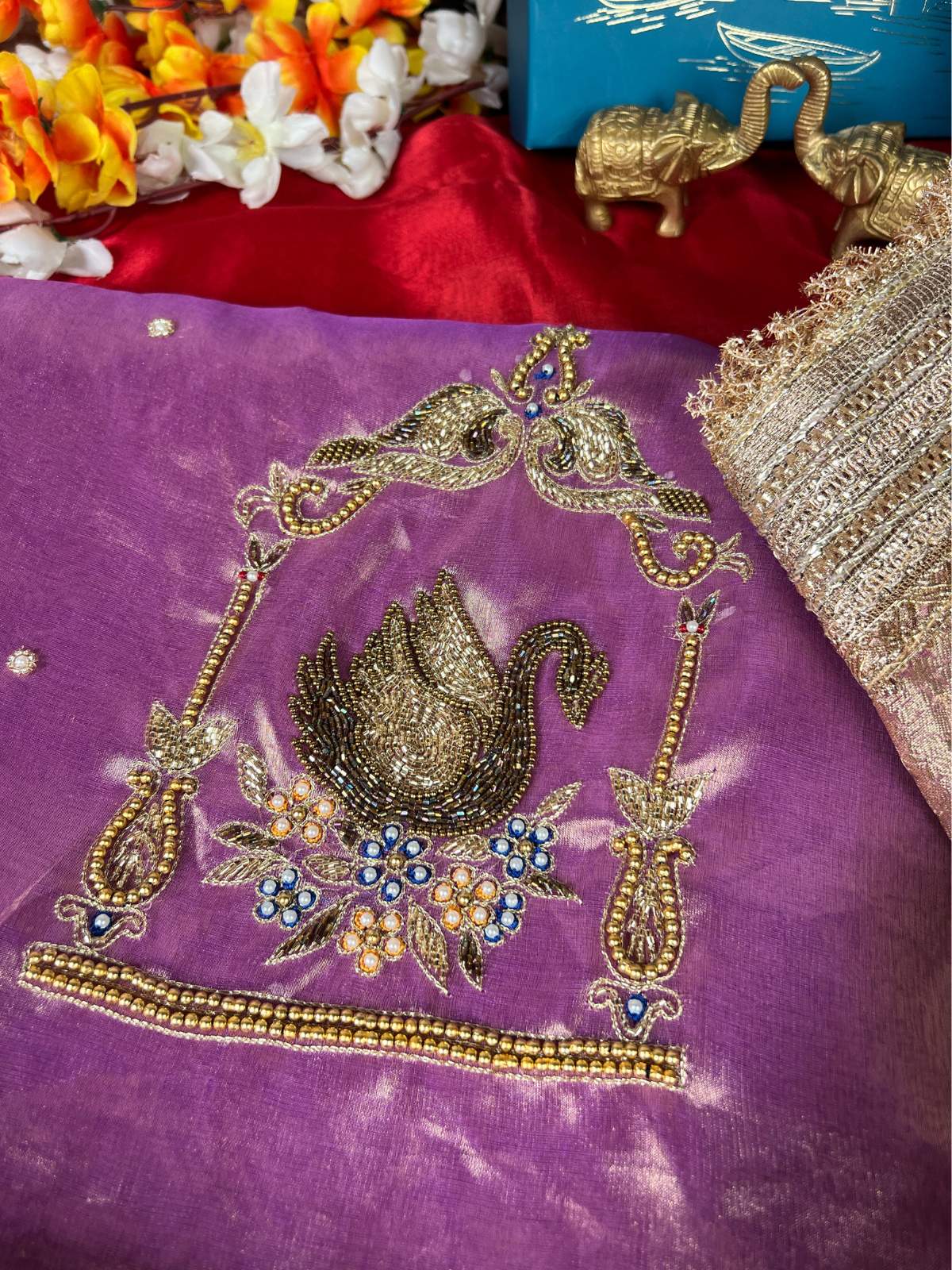 Lavender Tissue Silk Saree Shahi Hans with Swan Closeup View