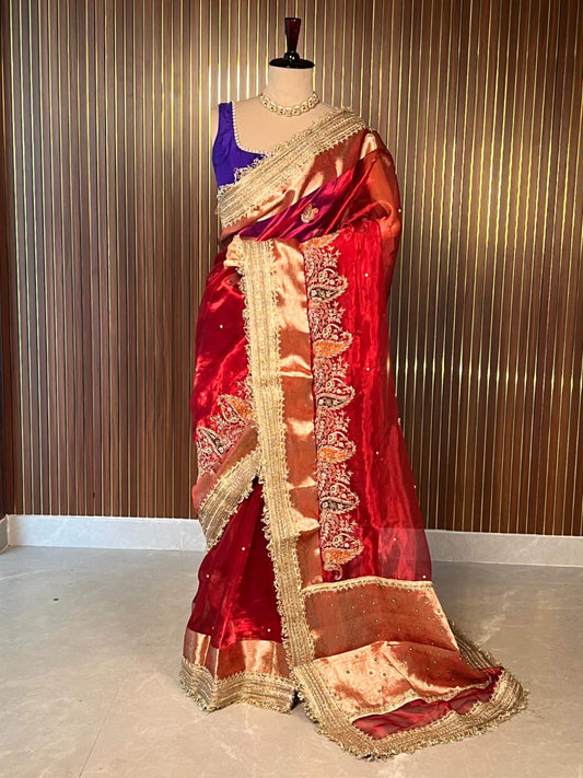 Royal Red Tissue Silk Saree Taarini with Hand-embroidered Paisley Dummy View