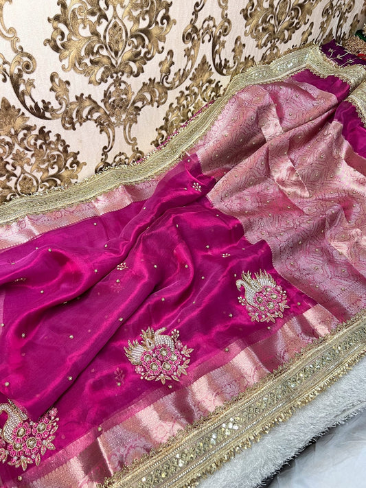 Hot Pink Rajhans Swan Motif Banarasi Tissue Silk Saree
