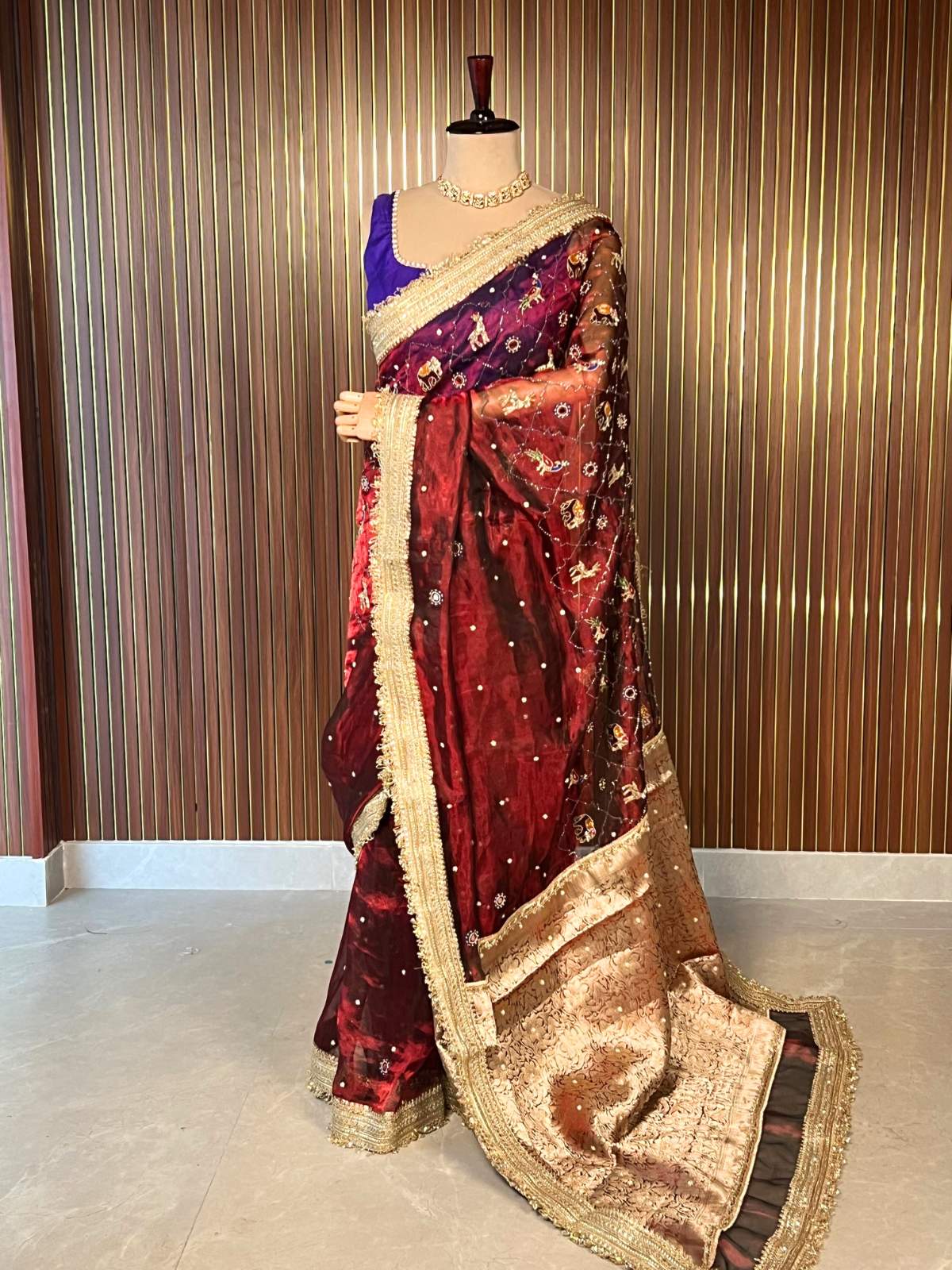 Maroon Banarasi Tissue Silk Saree Iraa with Hand-Embroidered Animals Dummy View