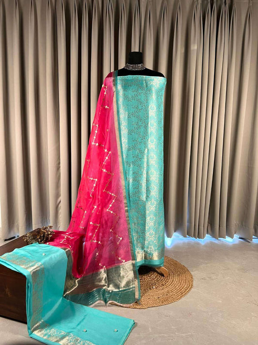 Aqua pink Katan silk suit with zari full view