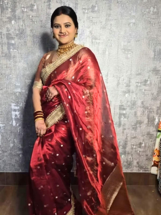 Handwoven Butti Maroon Tissue Silk Saree with Gota Patti Border