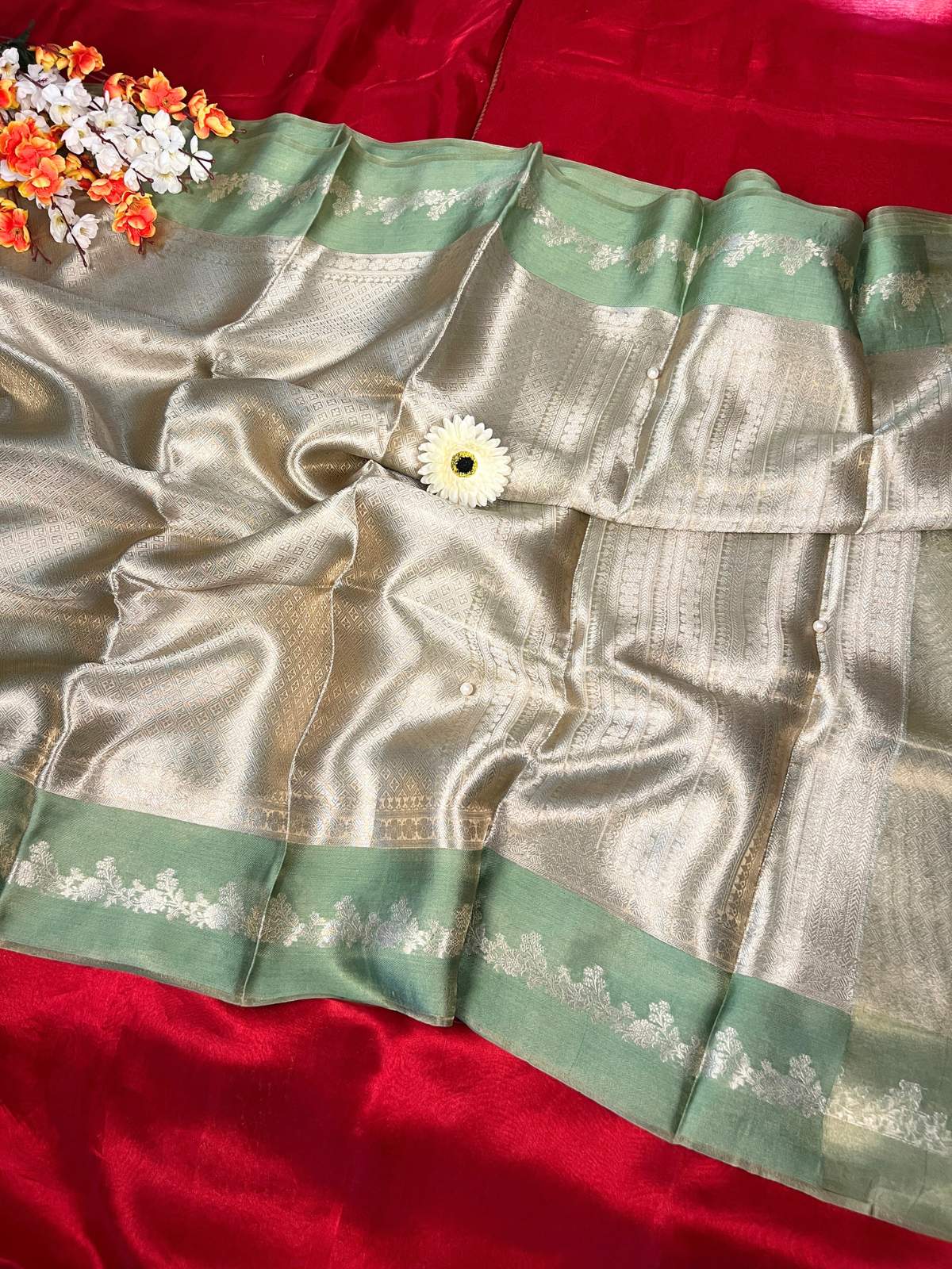 Sea Green Brocade Tissue Silk