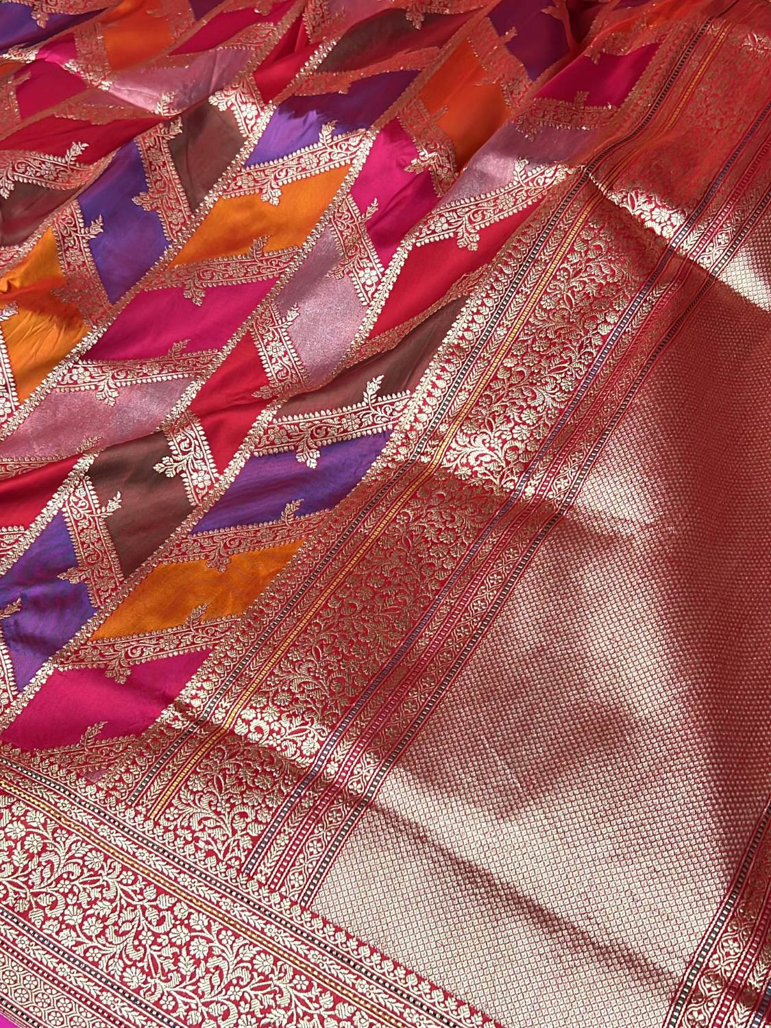 Red Katan Silk Saree with geometric closeup view 01