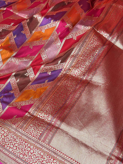 Red Katan Silk Saree with geometric closeup view 01