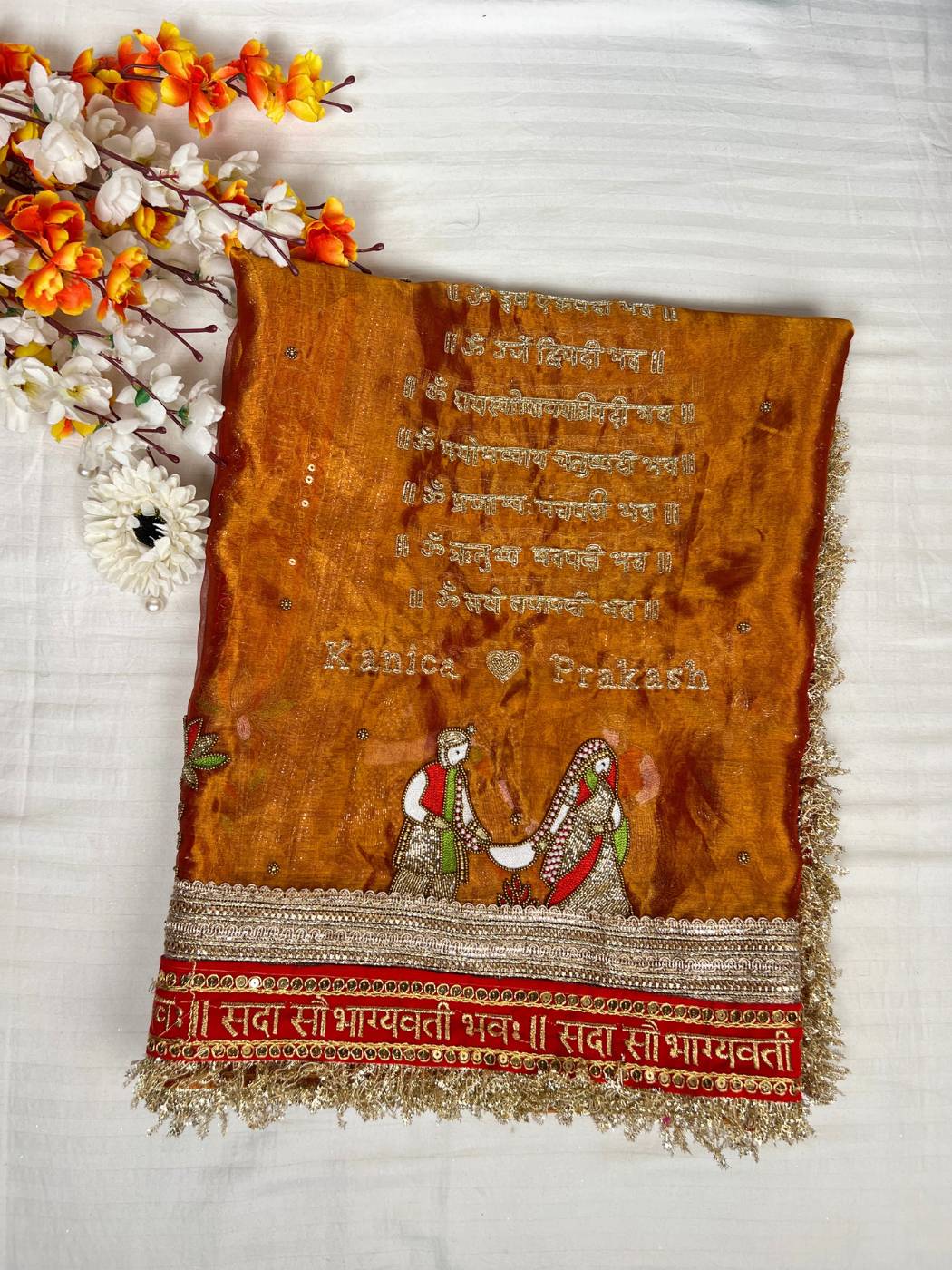 Kanjivaram Gold Tissue Silk Dupatta with Hand Embroidered Saat Vachan front view