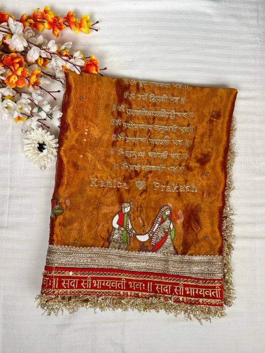 Kanjivaram Gold Tissue Silk Dupatta with Hand Embroidered Saat Vachan front view