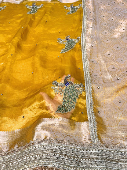 Hand Embroidered Mustard Yellow Tissue Silk Saree with Peacock Motifs and Scattered Buti, Paired with Unstitched Brocade Blouse – Traditional Indian Ethnic Wear