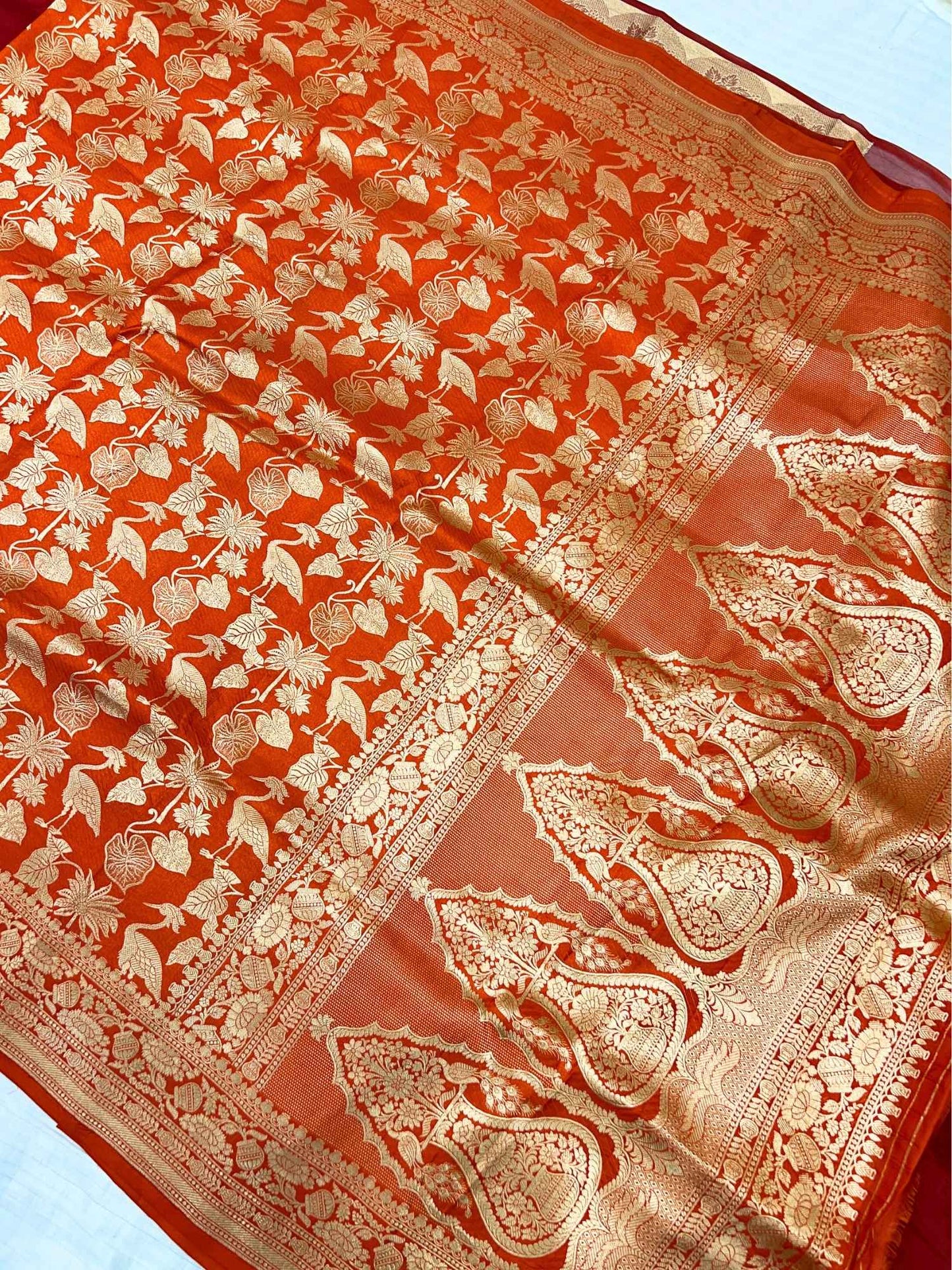 Orange Katan Silk Saree with floral full view