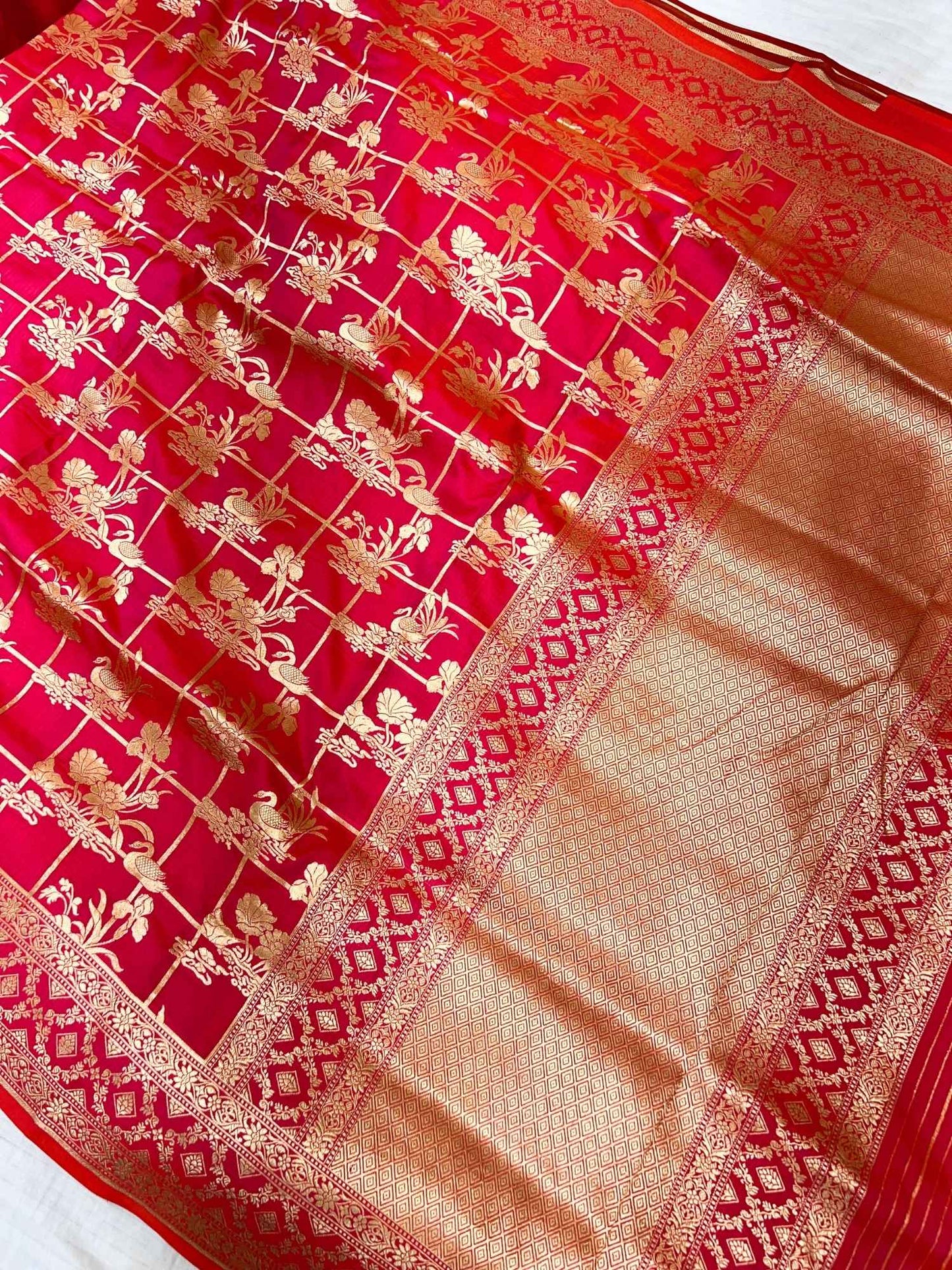 Pink Katan Silk Saree with floral full view 