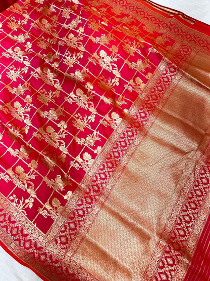 Pink Katan Silk Saree with floral full view 