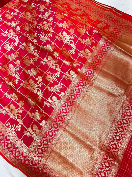 Pink Katan Silk Saree with floral full view 