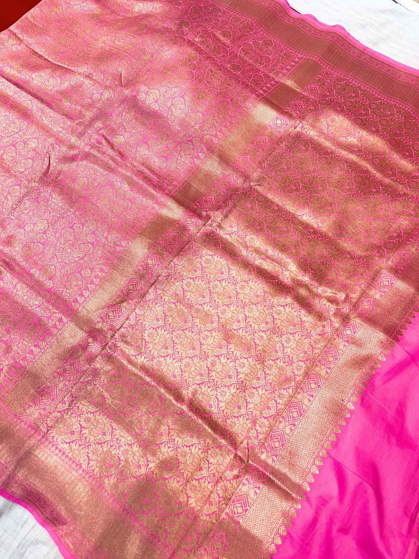 Pink Katan Silk Saree With floral jaal full view