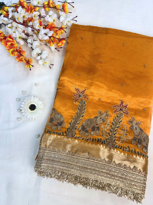 Orange Tissue Silk Saree Gajgamini With Hand Embroidered Elephant and Palm Tree Front View