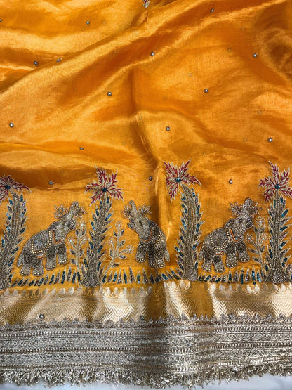Orange Gajgamini Banarasi silk saree blouse inspired by royal elephant motifs