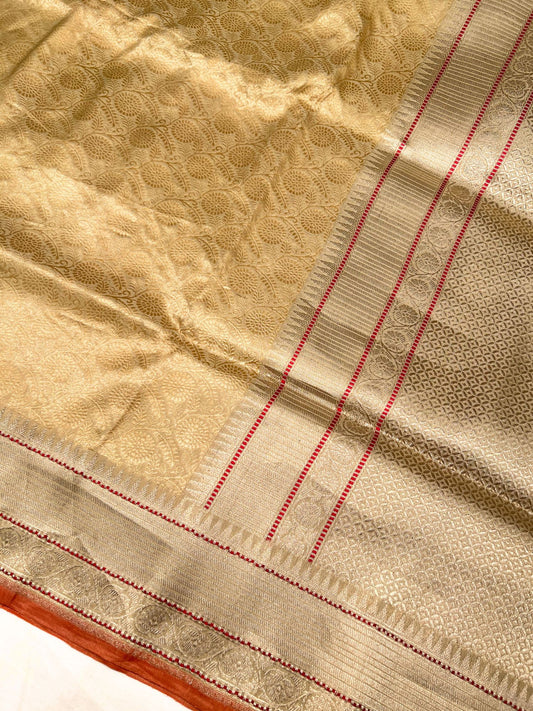 Golden Katan Silk Saree with floral jaal closeup view