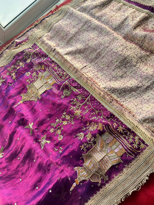 Purple Pure Banarasi Tissue Silk Saree Jharokha with Hand Embroidered Floral ,Bird and Temple full view