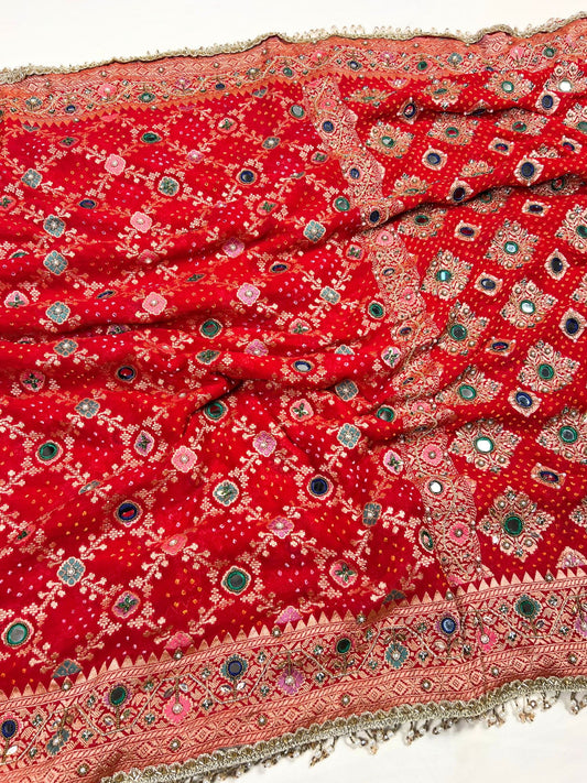 Red Bandhej Banarasi Saree with mirror and hand embroidery.Full View